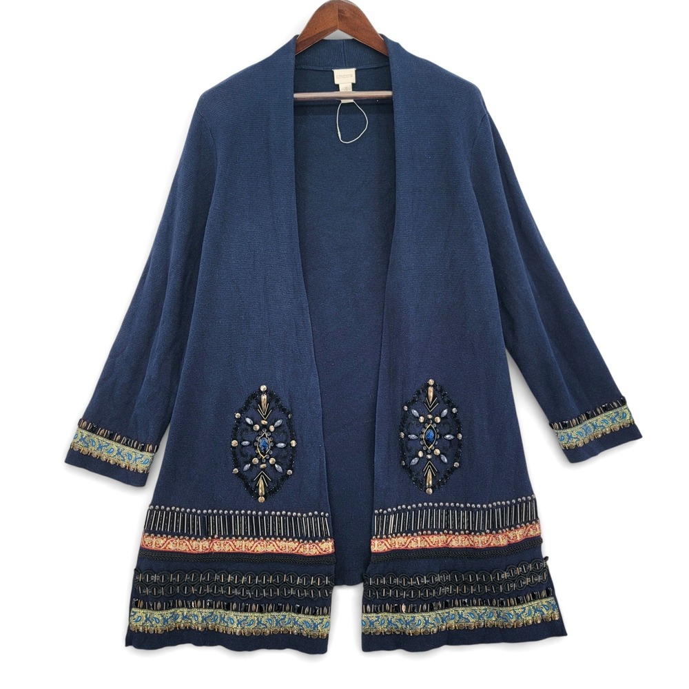 Chicos 3 Embellished Open Front Cardigan Blue Beaded Boho Artisan Cotton